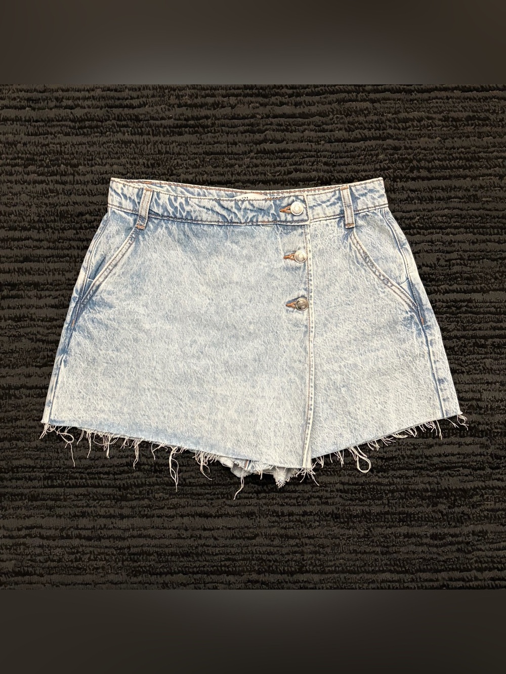 Zara Denim Button Front Wrap Mini Skort with Frayed hem